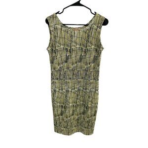 Vintage Plissé Sleeveless Green & Black Abstract Print Dress Size M Semi-formal